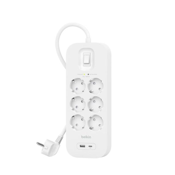 Belkin - Regleta 6 tomas + 1 puerto USB-C + 1 puerto USB-A cable 2M