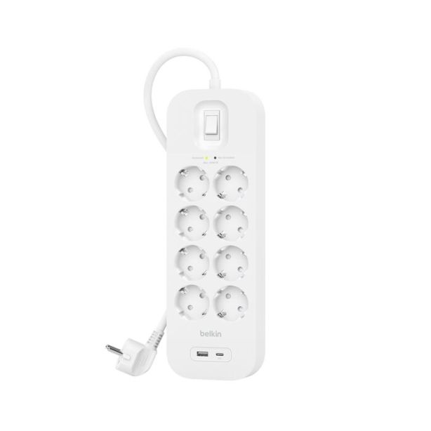 Belkin - Regleta 8 tomas + 1 puerto USB-C + 1 puerto USB-A cable 2M